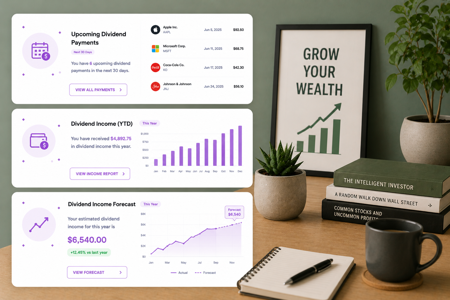 Dividend tracker dashboard with upcoming payments and income