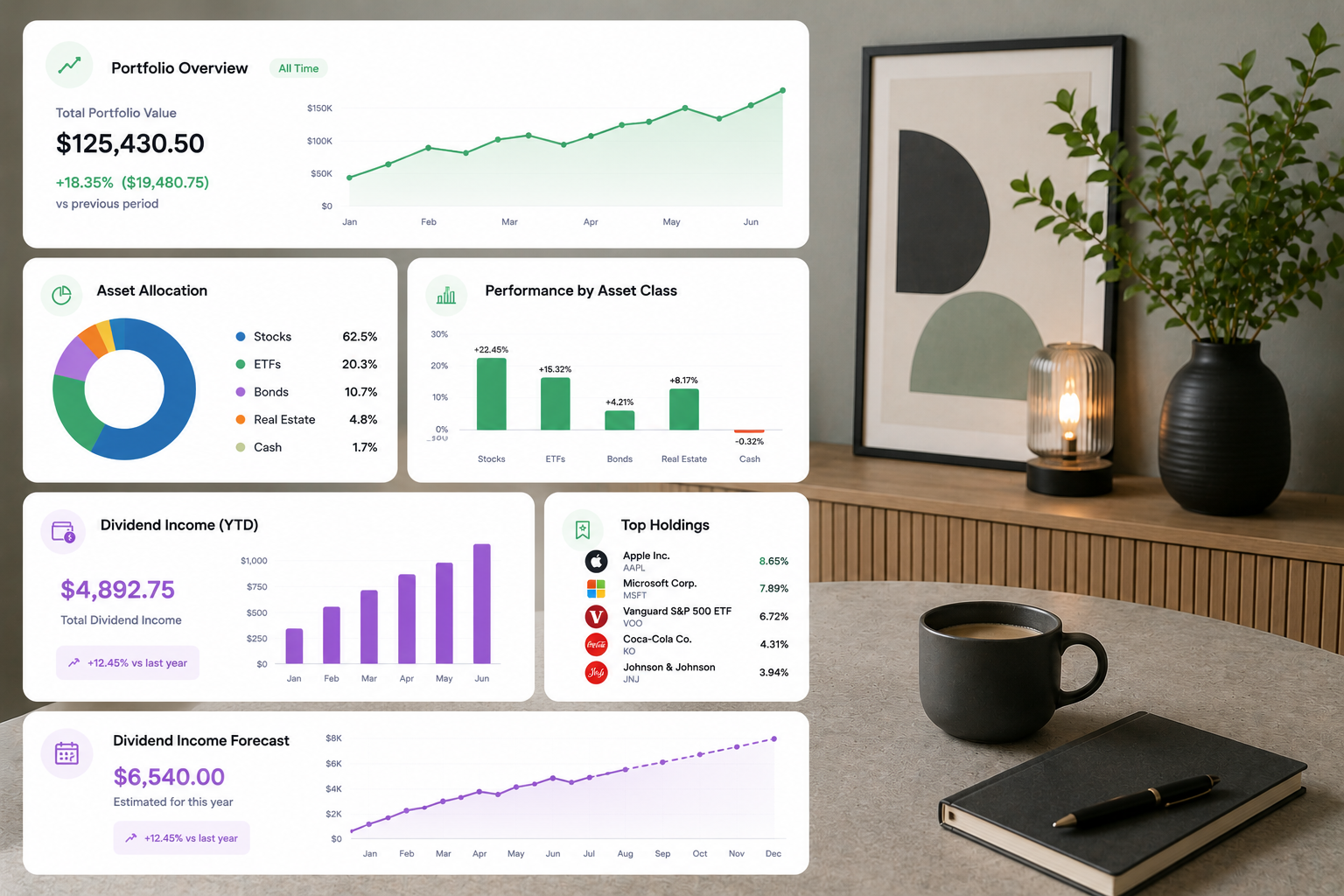 Portfolio analytics dashboard with performance and dividend insights