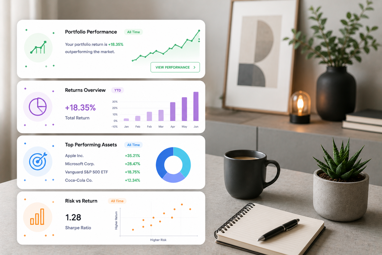 Portfolio performance tracker with investment returns and growth insights