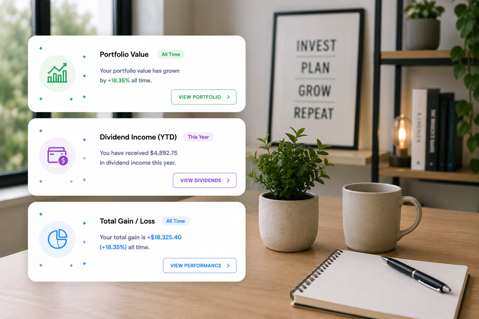 Portfolio tracker dashboard for investments and dividends